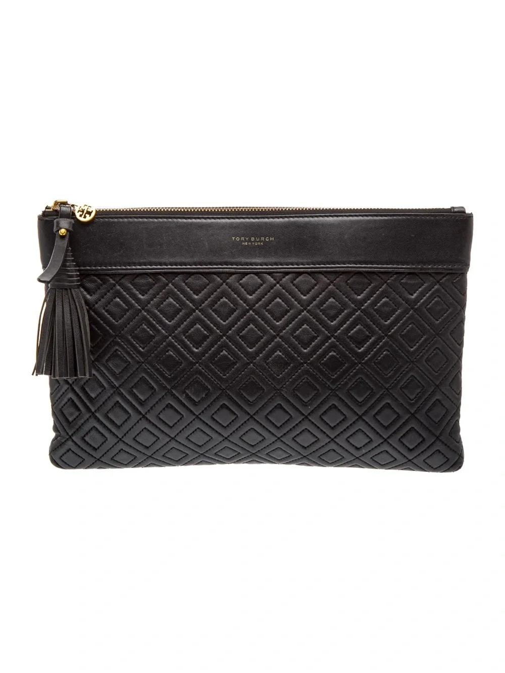 Tory Burch Black Quilted Leather Tassel Zip Clutch